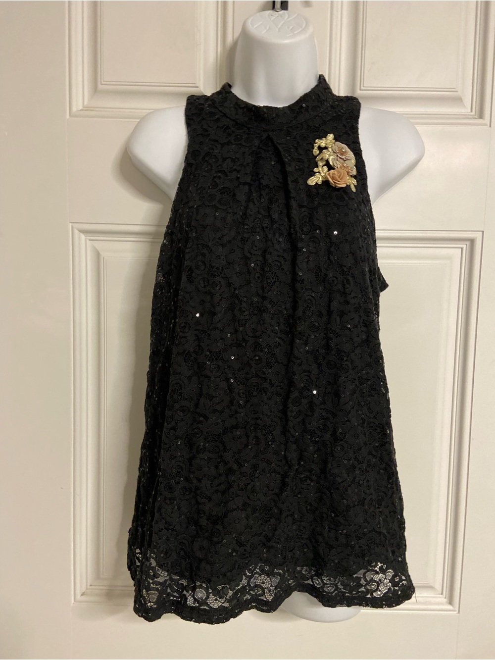 T43a- A. BYER Black Laced High-Neck Floral Applique Top